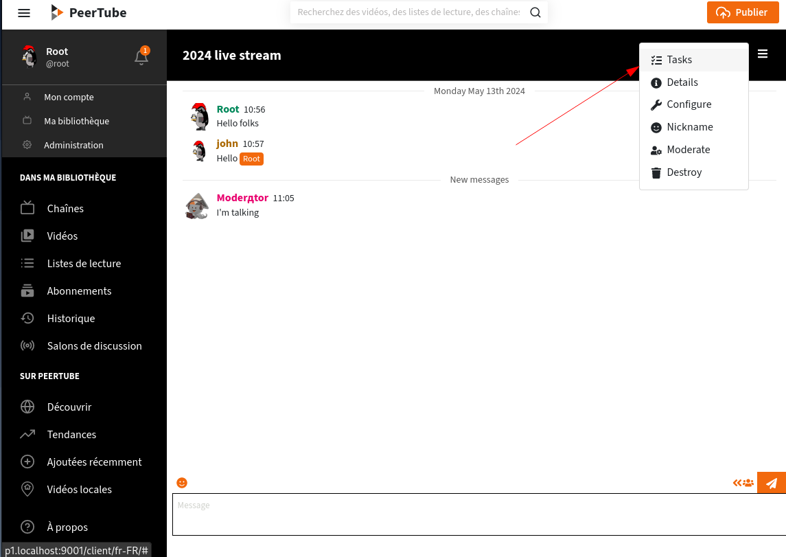 Screenshot z chatu Peertube, celá obrazovka. Otevřená horní nabídka chatu s tlačítkem „Úkoly“.